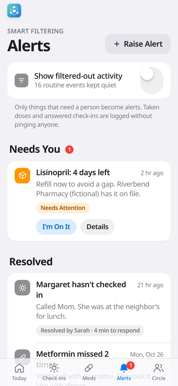 Alerts screen showing what needs you, with routine events filtered out, and resolved alerts below.