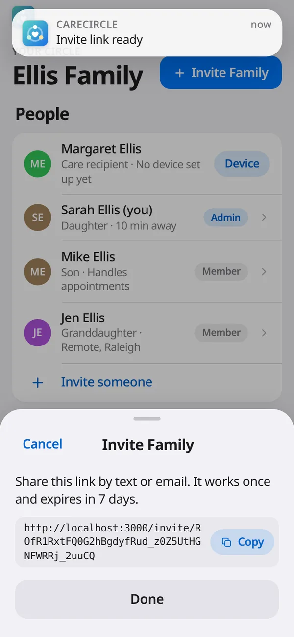 Invite Family sheet with a shareable link that works once and expires in 7 days.