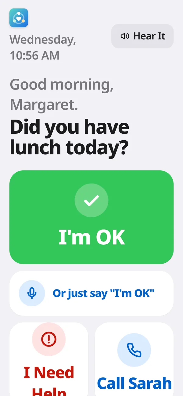Parent check-in asking 'Did you have lunch today?' with a large I'm OK button, a voice option, I Need Help, and Call Sarah.