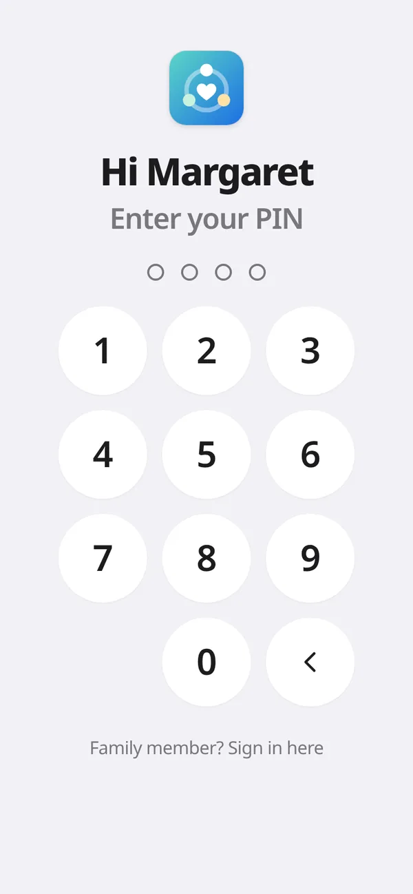 Parent device sign-in: Hi Margaret, enter your PIN, with a large number keypad.